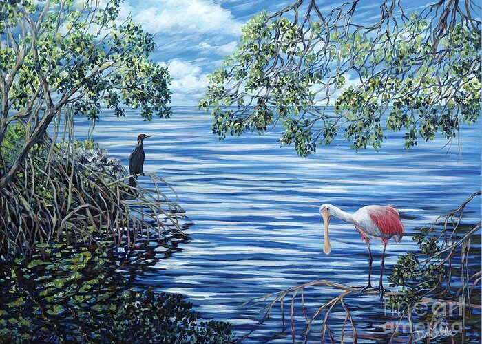 Spoonbill Greeting Card featuring the painting Fishing the Mangroves by Danielle Perry