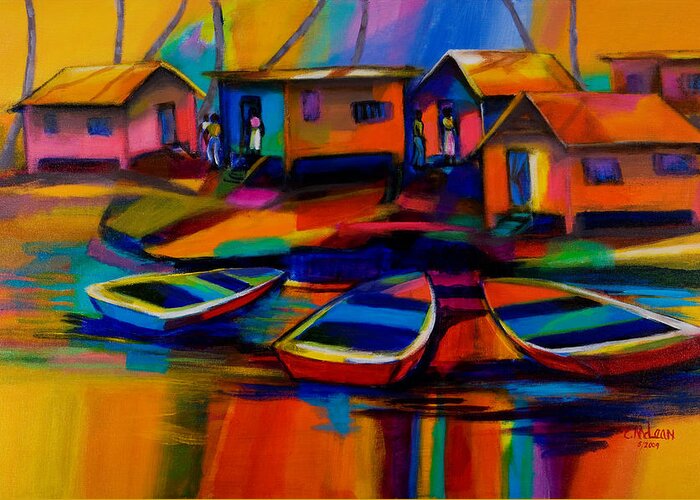 Fishing Greeting Card featuring the painting Fishing Village by Cynthia McLean