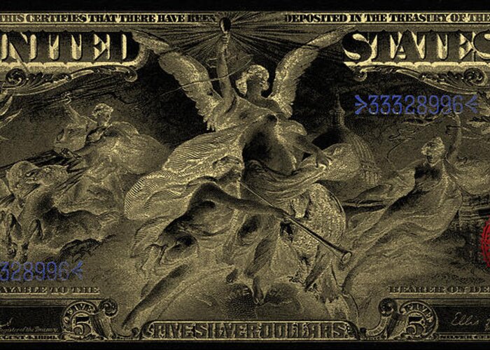 'paper Currency' By Serge Averbukh Greeting Card featuring the digital art Five U.S. Dollar Bill - 1896 Educational Series in Gold on Black by Serge Averbukh