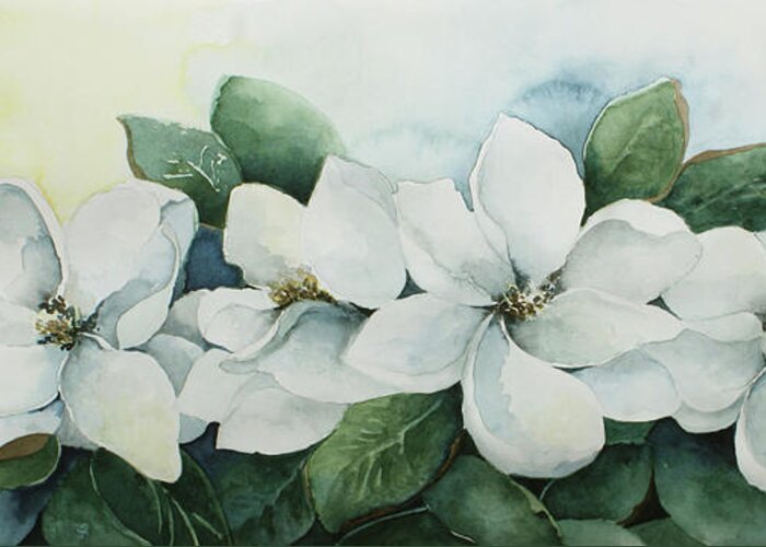 Magnolias Greeting Card featuring the painting Five White Ladies by Lael Rutherford