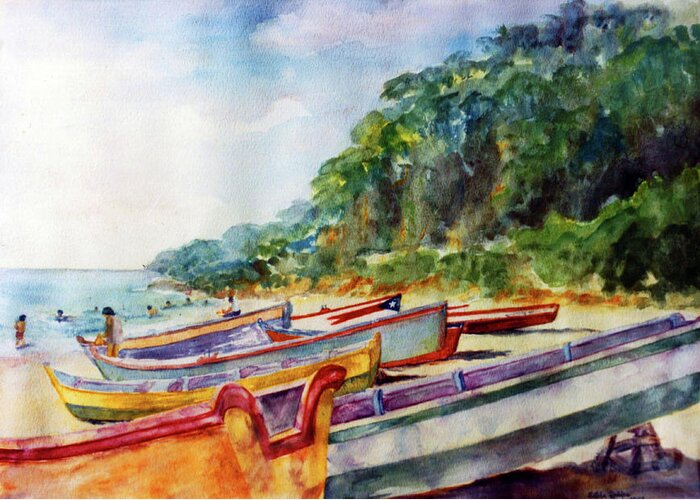 Watercolor Paintings Greeting Card featuring the painting Flag Boat Crashboat Beach by Estela Robles