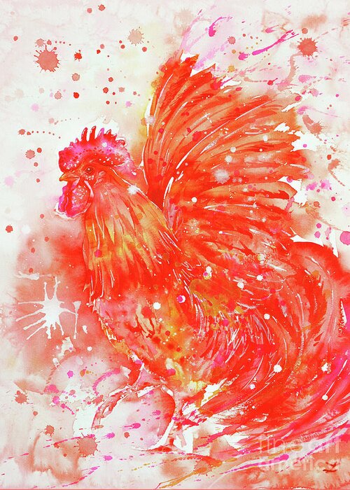 Red Rooster Greeting Card featuring the painting Flaming Rooster by Zaira Dzhaubaeva