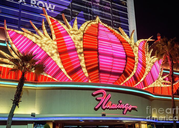 The Flamingo Neon Sign Greeting Card featuring the photograph Flamingo Center Neon Sign at Night by Aloha Art