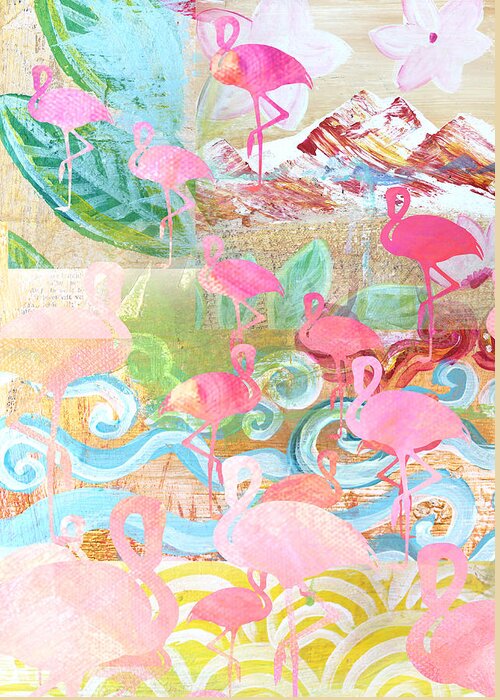 Flamingo Collage Greeting Card featuring the mixed media Flamingo Collage by Claudia Schoen