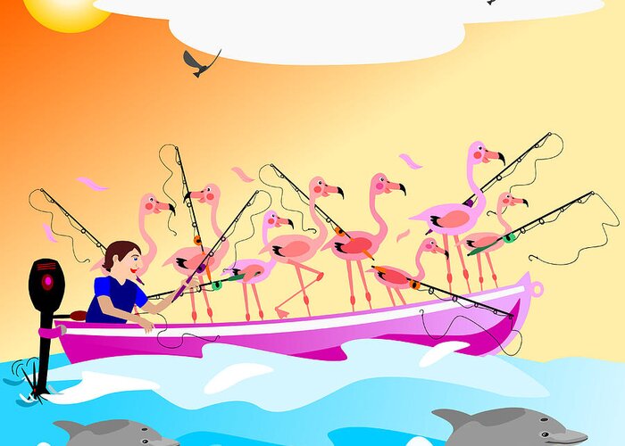 Flamingo Greeting Card featuring the digital art Flamingo fishing by Debra Baldwin
