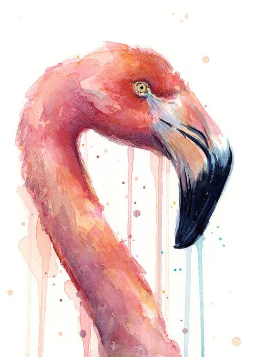 Watercolor Flamingo Greeting Card featuring the painting Flamingo Painting Watercolor - Facing Right by Olga Shvartsur