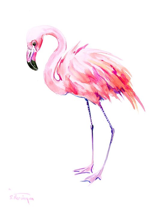 Flamingo Greeting Card featuring the painting Flamingo by Suren Nersisyan
