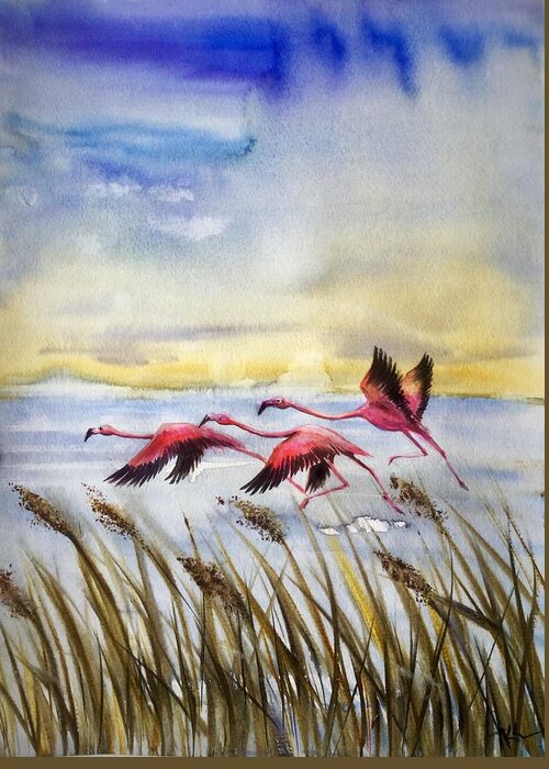 Flamingoes Greeting Card featuring the painting Flamingoes flight by Katerina Kovatcheva