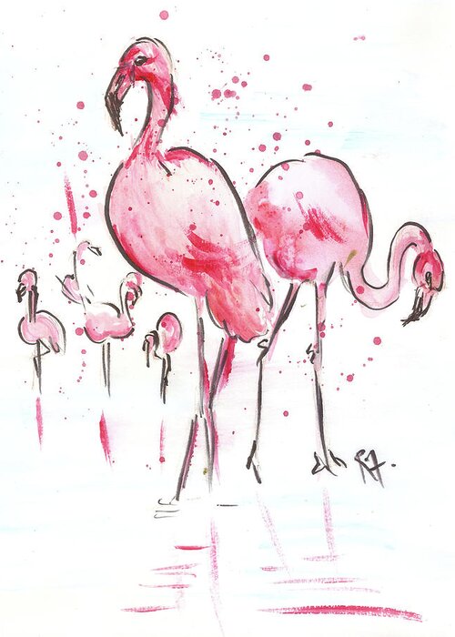 Greeting Card featuring the painting Flamingoes by Remy Francis