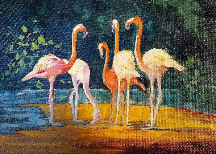 Flamingos Greeting Card featuring the painting Flamingos by Judy Fischer Walton