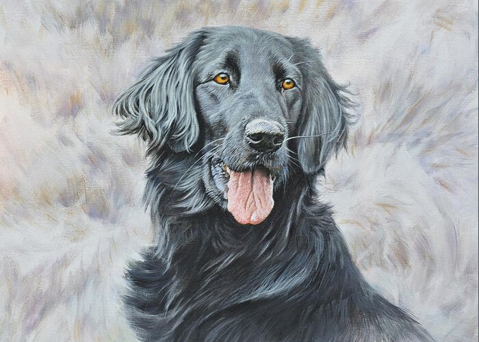 Dog Greeting Card featuring the painting Flat Coated Retriever Portrait by Alan M Hunt