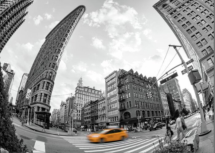 Taxi Greeting Card featuring the photograph Flatiron Building with Iconic Yellow Taxi by Kyle Lee