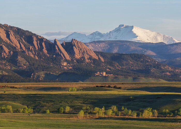 Boulder Greeting Card featuring the photograph Flatirons and Longs Peak by Aaron Spong