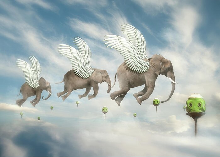 Elephant Greeting Card featuring the digital art Flight Path by Nathan Wright
