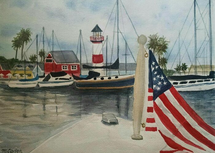 Holiday Greeting Card featuring the painting Floating Holiday Oceanside Harbor by M Carlen