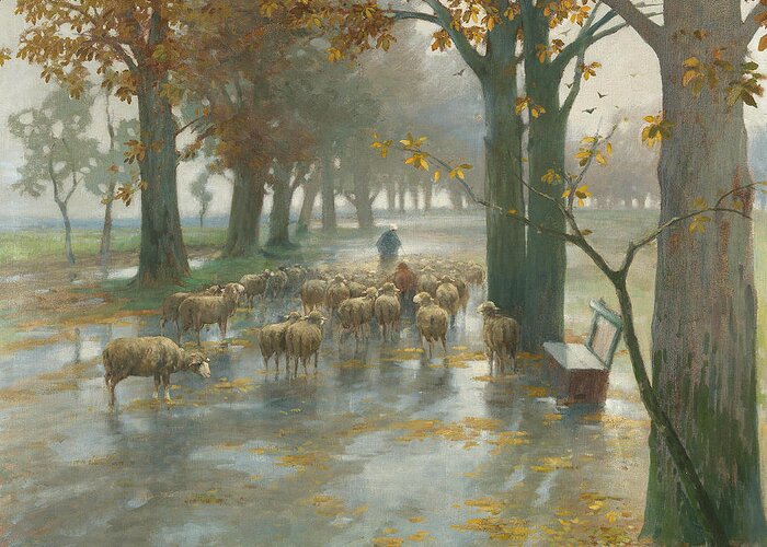 Adolf Kaufmann Greeting Card featuring the painting Flock of Sheep with Shepherdess on a Rainy Day by Adolf Kaufmann