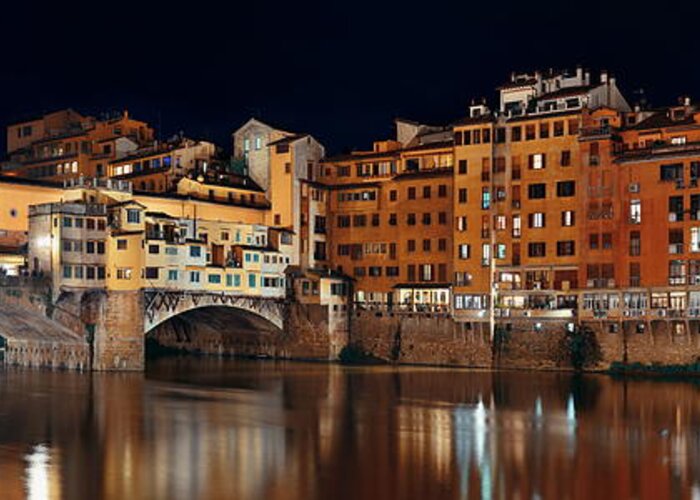 Ancient Greeting Card featuring the photograph Florence Ponte Vecchio panorama night by Songquan Deng