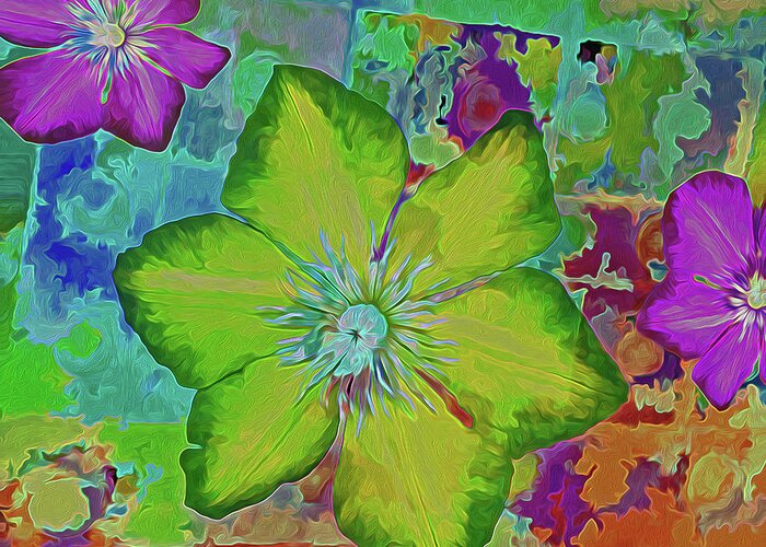 Clematic Greeting Card featuring the mixed media Flower Fire 5 by Lynda Lehmann