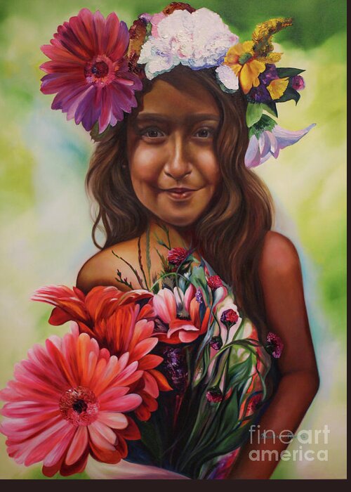 #mexican Greeting Card featuring the painting Flower Girl by Barbara Rivera