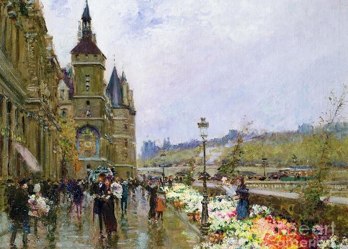 Flower Sellers By The Seine Greeting Card featuring the painting Flower Sellers by the Seine by Georges Stein