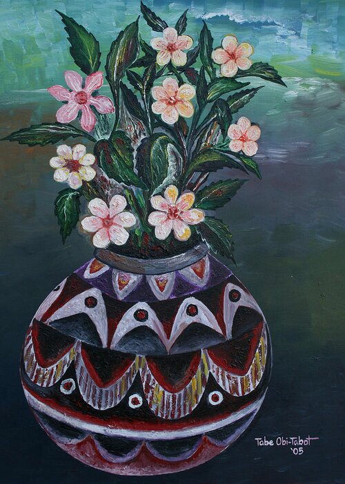 Flower Vase 1 Greeting Card featuring the painting Flower Vase 1 by Obi-Tabot Tabe