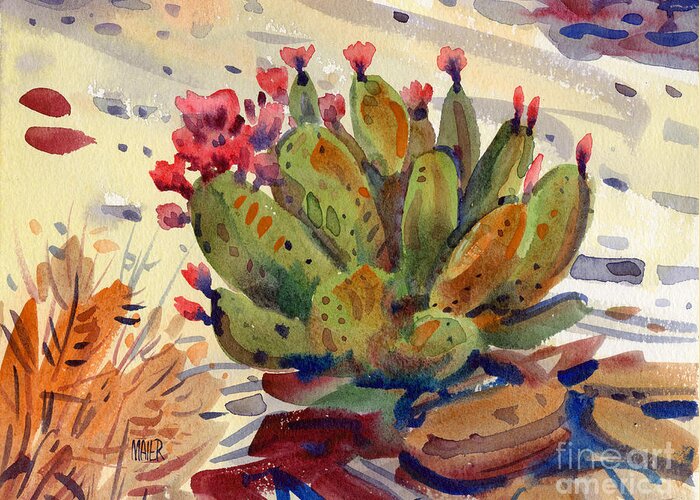 Opuntia Cactus Greeting Card featuring the painting Flowering Opuntia by Donald Maier