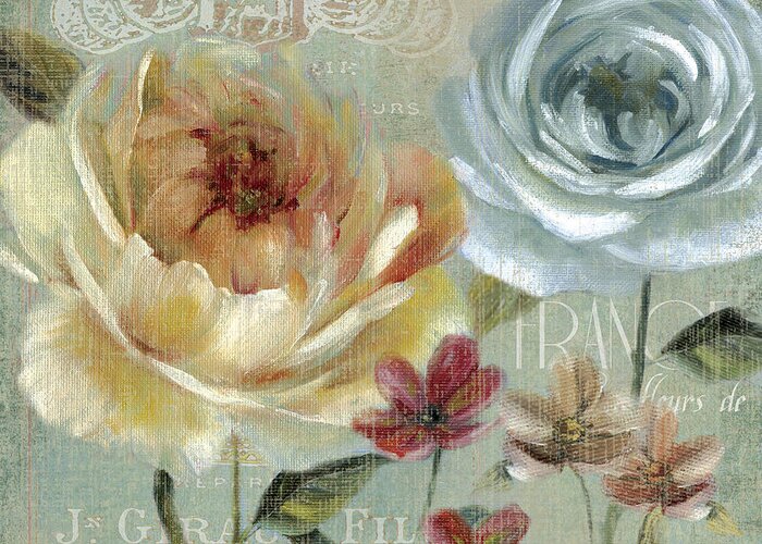 Blue Rose Yellow Peony Blossoms French Advertisement France Paris Crown Flowers Greeting Card featuring the painting Flowering Romance 2 by Carol Robinson