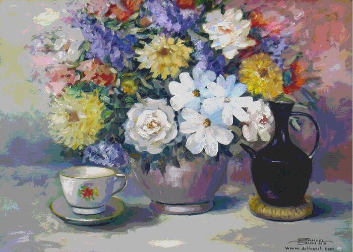 Flowers Greeting Card featuring the painting Flowers and coffee pot by Samuel Daffa