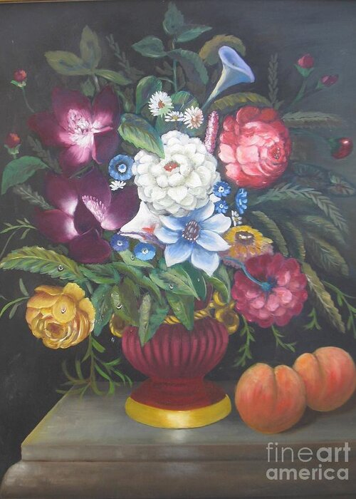 Flowers And Peaches Greeting Card featuring the painting Flowers and two peaches by Samuel Daffa