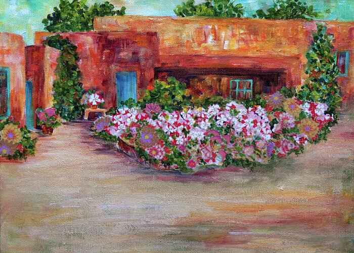 Adobe Greeting Card featuring the painting Flowers in Front of Adobe by Sally Quillin