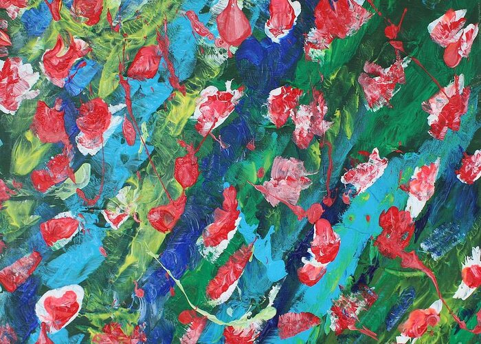 Flowers In The Sea   Bliss Contentment Delight Elation Enjoyment Euphoria Exhilaration Jubilation Laughter Optimism  Peace Of Mind Pleasure Prosperity Well-being Beatitude Blessedness Cheer Cheerfulness Content Greeting Card featuring the painting Poppies by Sarahleah Hankes