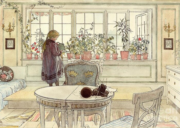 Plant Greeting Card featuring the painting Flowers on the Windowsill by Carl Larsson