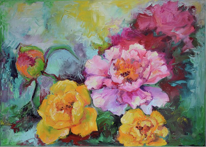 Art Greeting Card featuring the painting Flowers - Original Yellow Rose and Pink Peony Oil Painting by Soos Roxana Gabriela