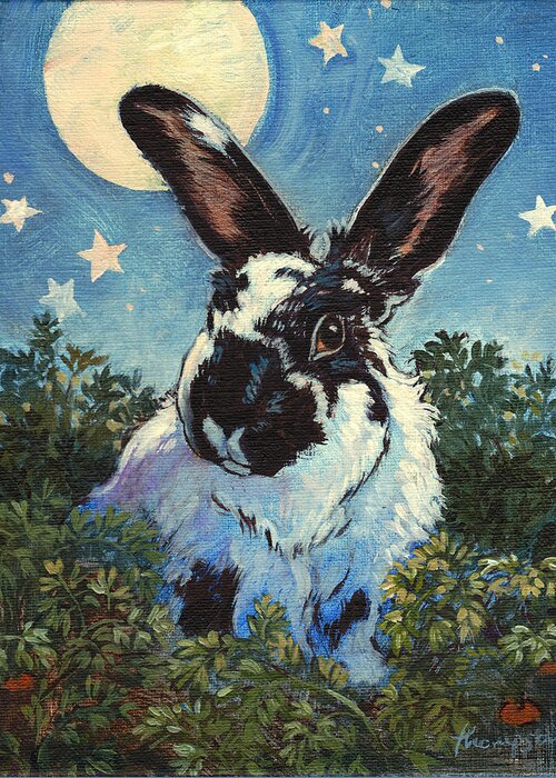 Rabbit Greeting Card featuring the painting Fluffston Dines Out by Tracie Thompson