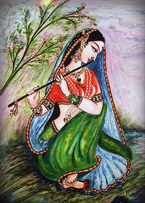 Radha Greeting Card featuring the painting Flute Player by Harsh Malik