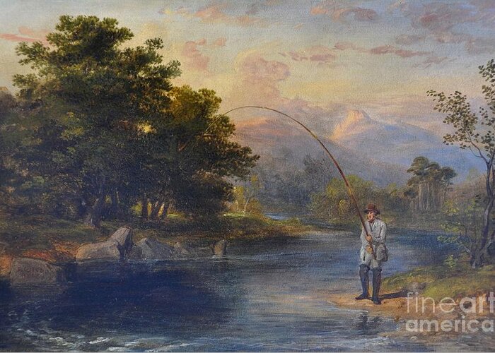 James William Giles Rsa (1801-1870) Fly Fishing In Scotland 1858 Greeting Card featuring the painting Fly Fishing in Scotland by MotionAge Designs