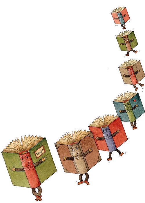 Books Flying Literature Readind Greeting Card featuring the painting Flying Books02 by Kestutis Kasparavicius