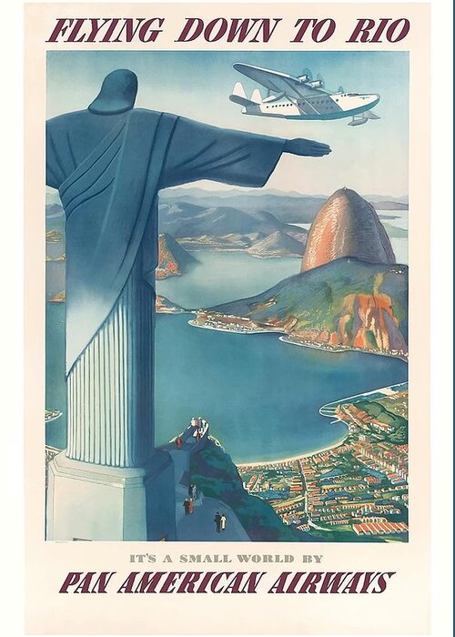 Flying Greeting Card featuring the digital art Flying Down to Rio Brazil Christ the Redeemer Statue Vintage Travel Poster by Retro Graphics