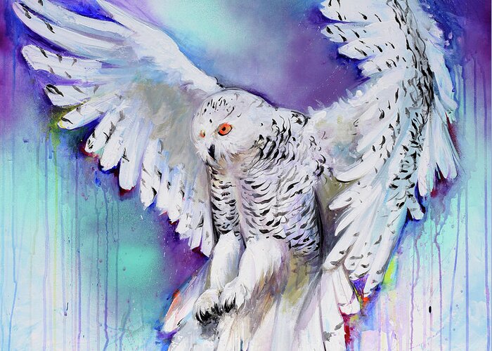 Owl Greeting Card featuring the painting Flying White Owl by Tiberiu Soos