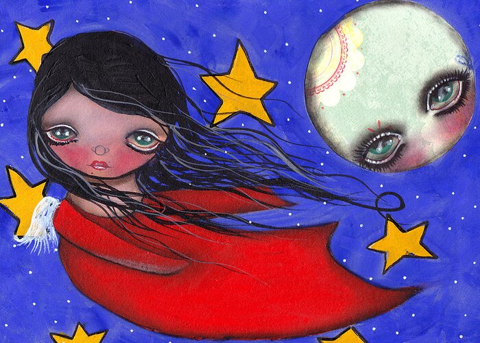 Angel Greeting Card featuring the painting Flying with the Moon by Abril Andrade