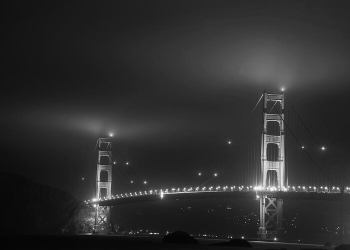 San Francisco Greeting Card featuring the photograph Fog over the Golden Gate Bridge San Francisco CA Black and White by Toby McGuire