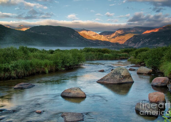 Rocky Mountain National Park Greeting Card featuring the photograph Fog Rolls in on Moraine Park and the Big Thompson River in Rocky by Ronda Kimbrow
