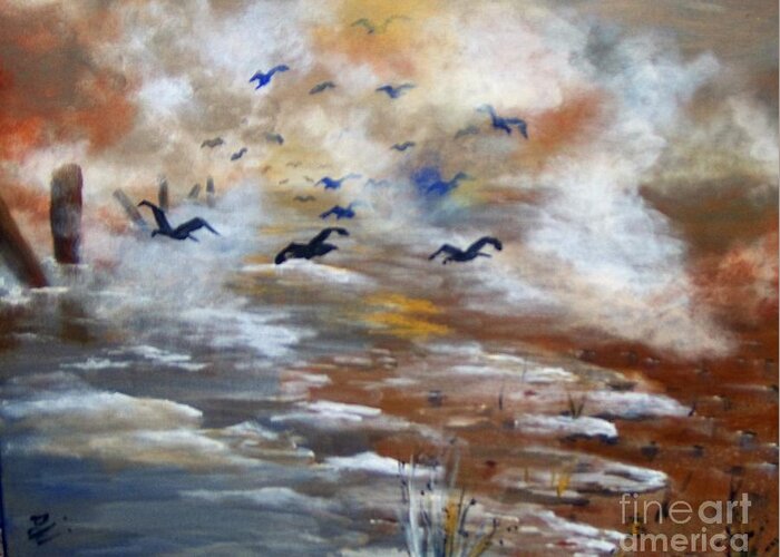 Birds Greeting Card featuring the painting Foggy Beach by Saundra Johnson