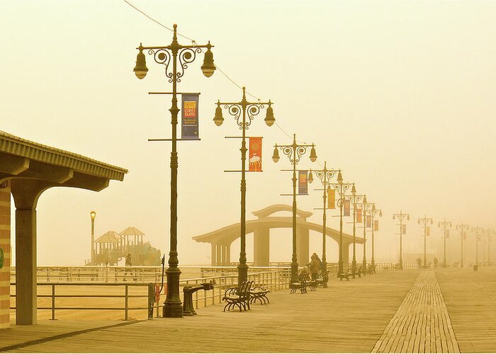 Coney Island Greeting Card featuring the photograph Foggy Boardwalk by Frank Winters