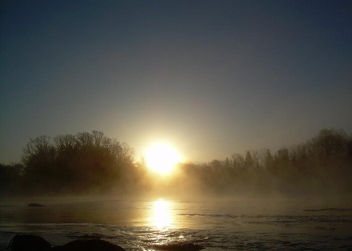 Mississippi River Greeting Card featuring the photograph Foggy Mississippi river Sunrise by Kent Lorentzen