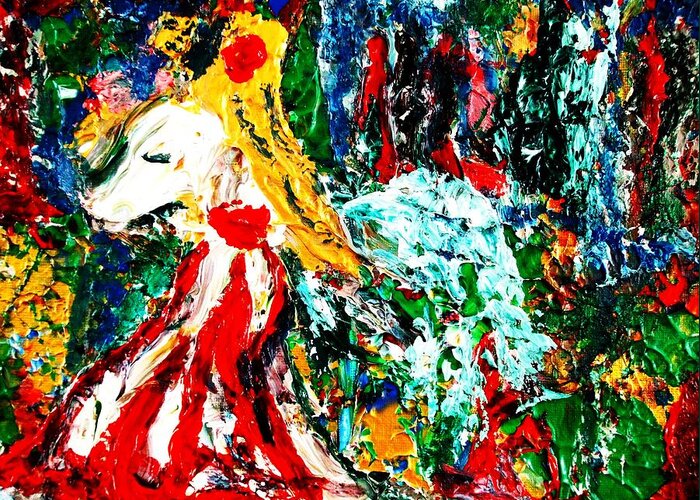 Figurative Surrealist Expressionism Conceptual Abstract Portrait Landscape Dance Love Poetry Nature Greeting Card featuring the painting Folklore. by Carmen Doreal
