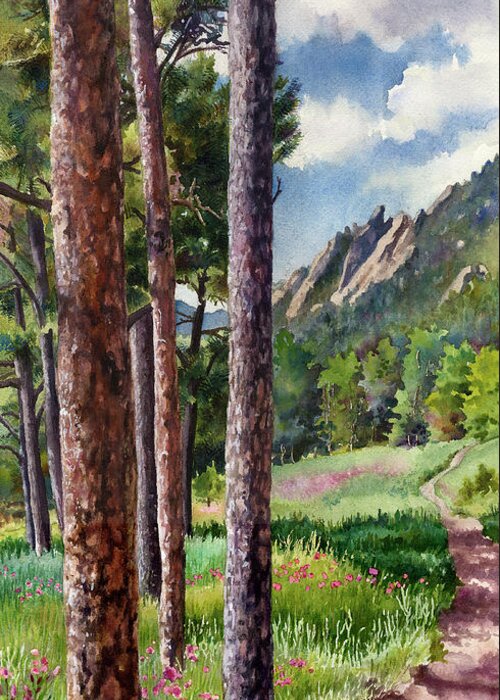 Lodgepole Pine Trees Painting Greeting Card featuring the painting Follow Me by Anne Gifford