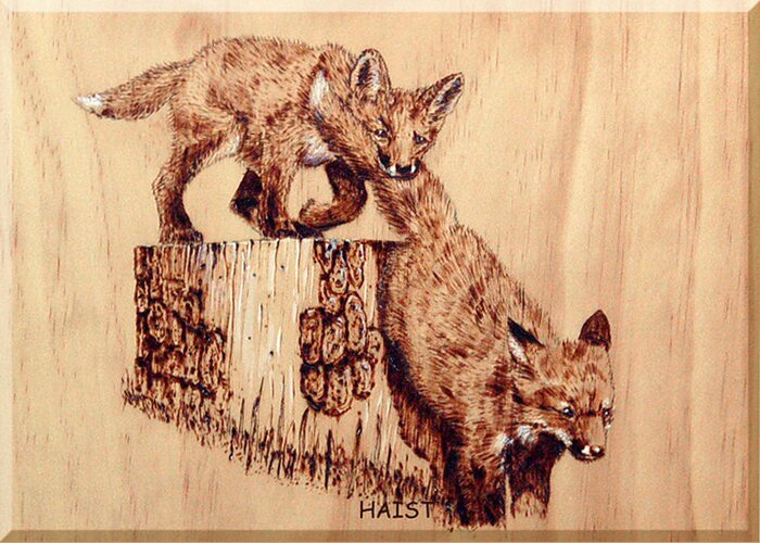 Fox Greeting Card featuring the pyrography Follow The Leader by Ron Haist