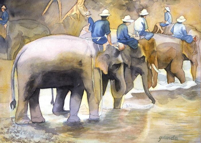 Elephants Greeting Card featuring the painting Follow the Leader by Yolanda Koh