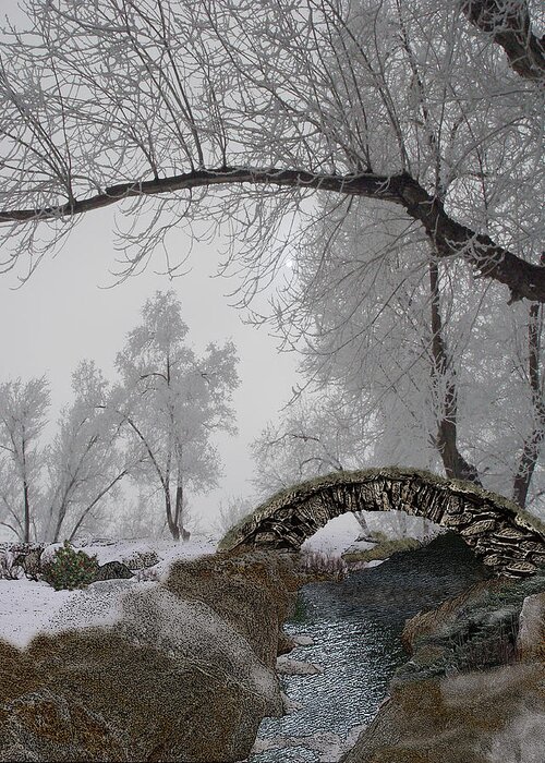 Snowy Greeting Card featuring the digital art Footbridge Over the Creek by Julie Rodriguez Jones
